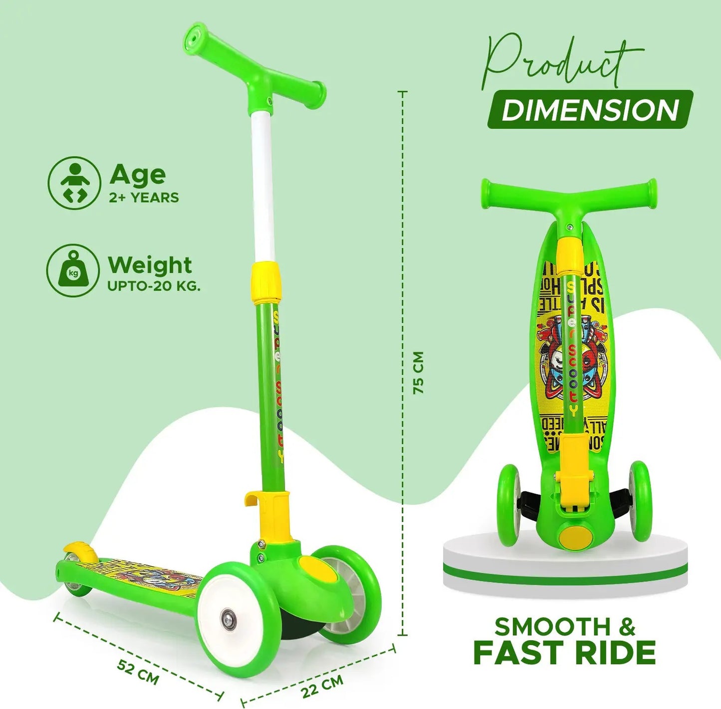 Kids 3-Wheel Scooter with Adjustable Handlebar & Anti-Slip Deck – Stable Toddler Scooter for Safe Riding (Green)