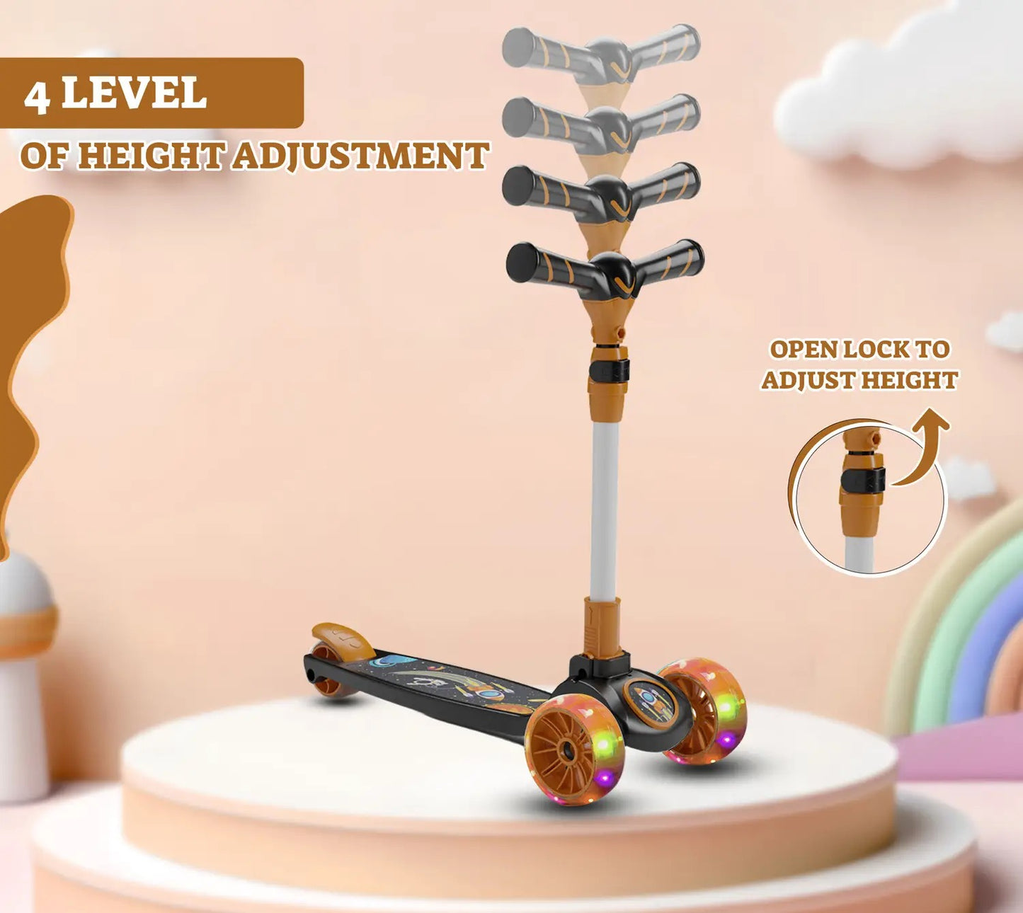 Kids 3-Wheel Scooter with LED Light-Up Wheels, Adjustable Handlebar, Anti-Slip Deck – Safe & Fun Ride for Toddlers (Orange)