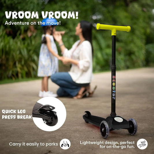 Kids 3-Wheel Scooter with LED Light-Up Wheels, Adjustable Handlebar & Anti-Slip Deck – Stable Toddler Scooter (Black & Yellow)