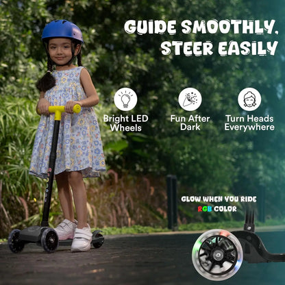 Kids 3-Wheel Scooter with LED Light-Up Wheels, Adjustable Handlebar & Anti-Slip Deck – Stable Toddler Scooter (Black & Yellow)