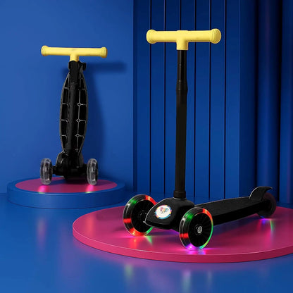 Kids 3-Wheel Scooter with LED Light-Up Wheels, Adjustable Handlebar & Anti-Slip Deck – Stable Toddler Scooter (Black & Yellow)