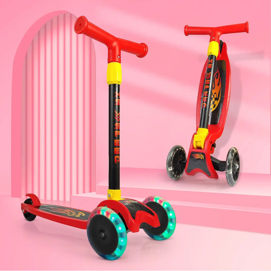 Kids 3-Wheel Scooter with LED Light-Up Wheels, Adjustable Handlebar & Anti-Slip Deck – Safe Toddler Scooter (Red)