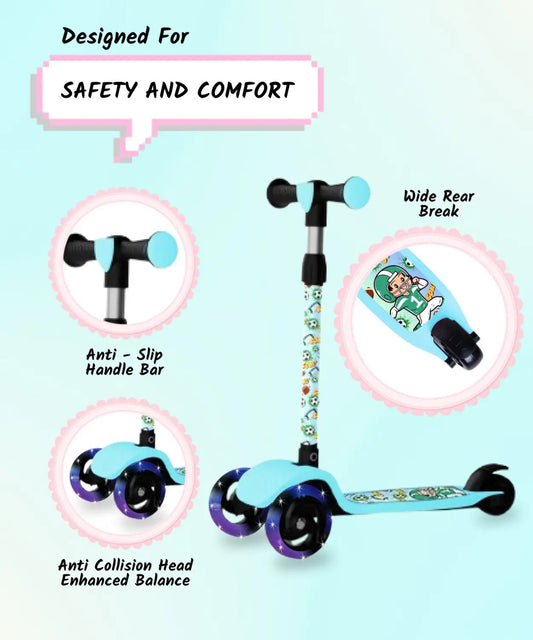Kids 3-Wheel Scooter with LED Light-Up Wheels, Adjustable Handlebar & Cartoon Design – Safe Toddler Scooter (Blue)