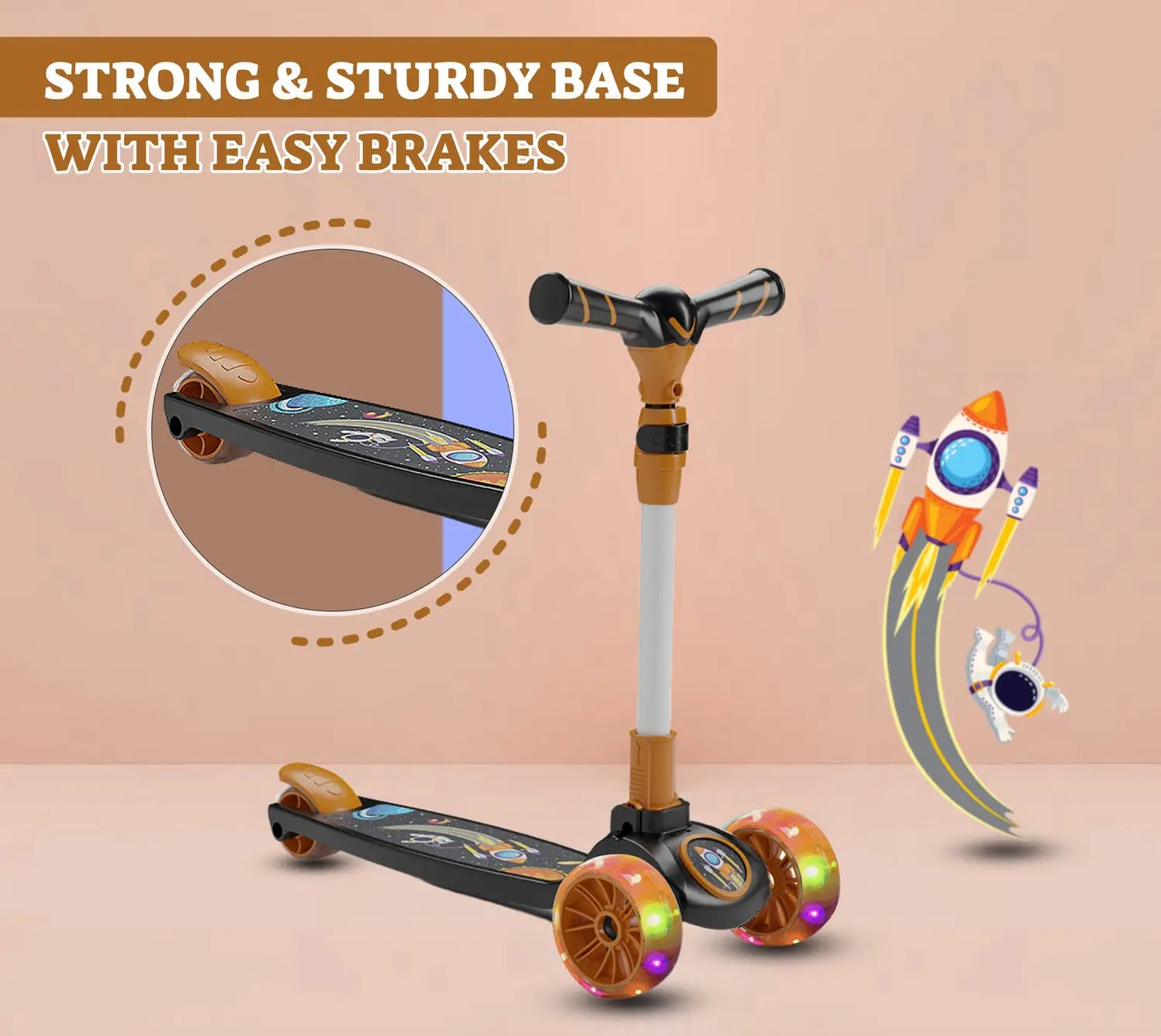 Kids 3-Wheel Scooter with LED Light-Up Wheels, Adjustable Handlebar, Anti-Slip Deck – Safe & Fun Ride for Toddlers (Orange)