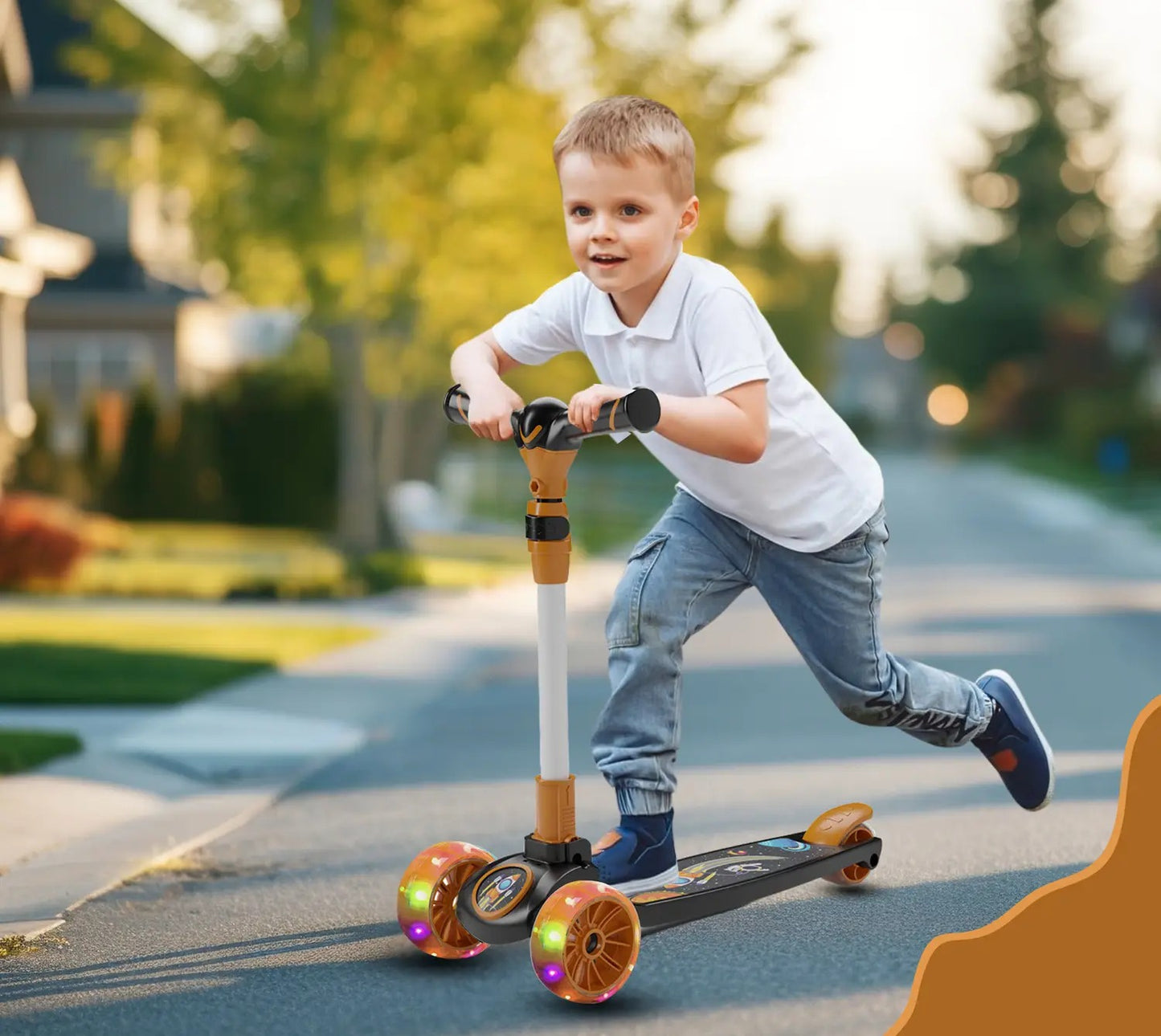 Kids 3-Wheel Scooter with LED Light-Up Wheels, Adjustable Handlebar, Anti-Slip Deck – Safe & Fun Ride for Toddlers (Orange)