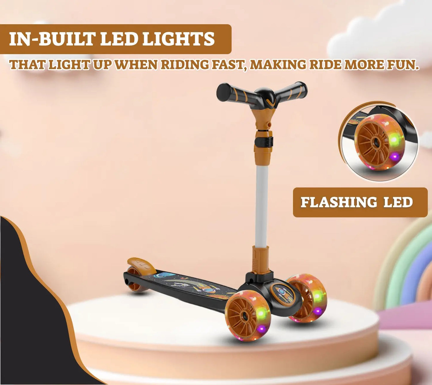 Kids 3-Wheel Scooter with LED Light-Up Wheels, Adjustable Handlebar, Anti-Slip Deck – Safe & Fun Ride for Toddlers (Orange)