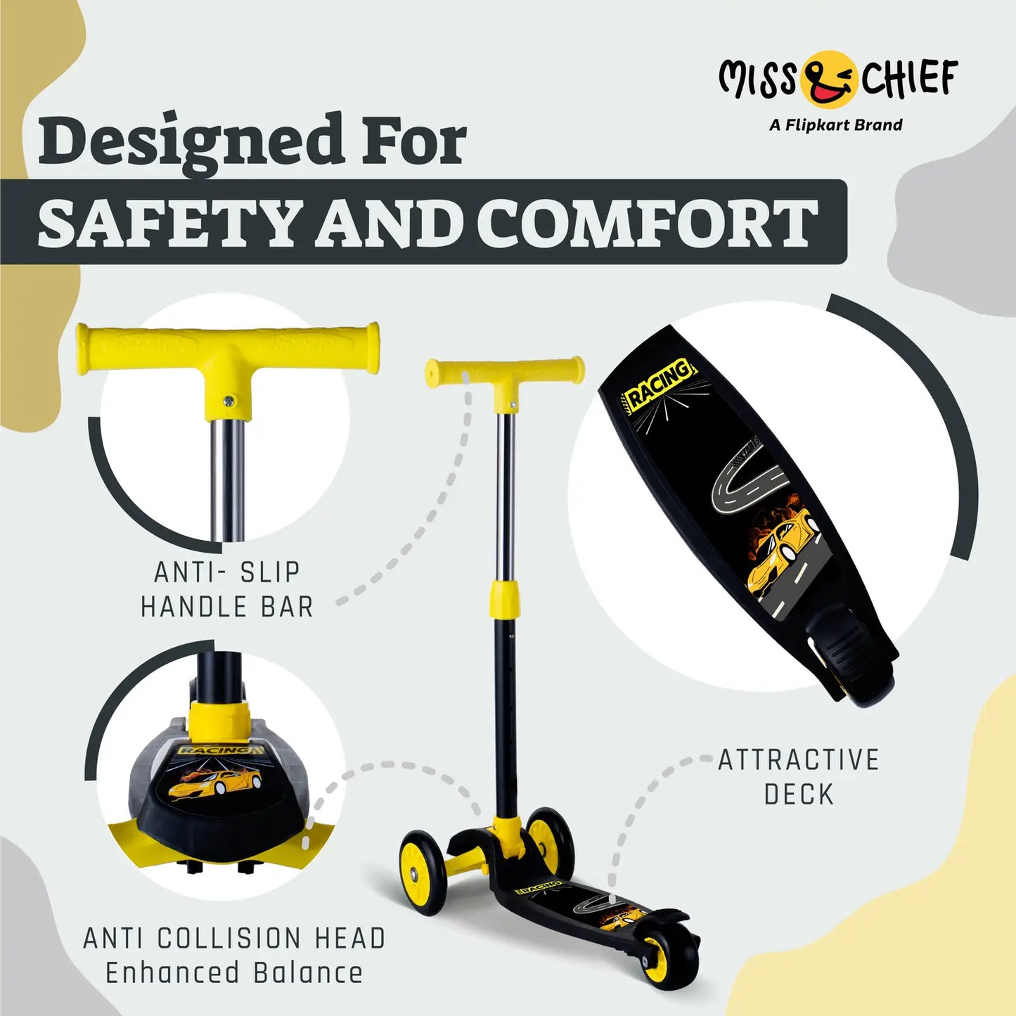 Kids 3-Wheel Scooter with Adjustable Handlebar & Anti-Slip Deck – Stable Toddler Scooter for Safe Riding (Yellow & Black)